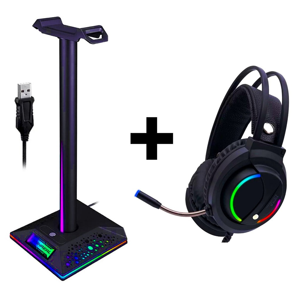 Combo Audífonos Gamer D5000 PRO Luces RGB + Soporte Parante para Audífonos Gamer RGB D6000 PRO