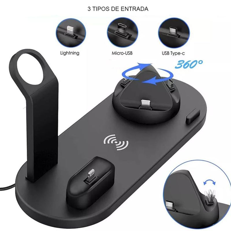 Estación de Carga Inalámbrica Iphone Android Airpods Micro Usb Tipo C Soporte de Carga Rápida