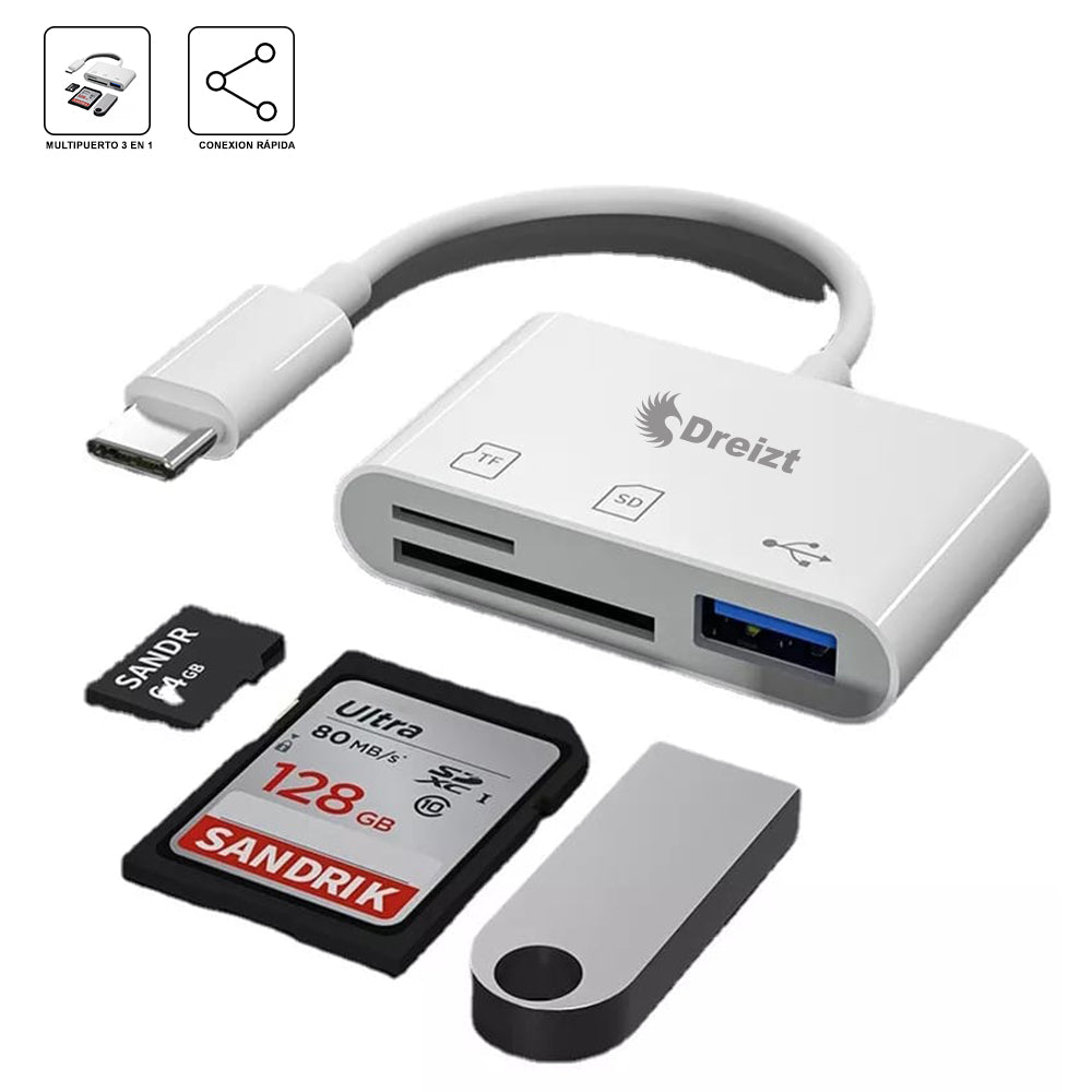 Lector de Tarjetas SD USB  3 en 1 Adaptador Tipo C Dreizt  ADC210016