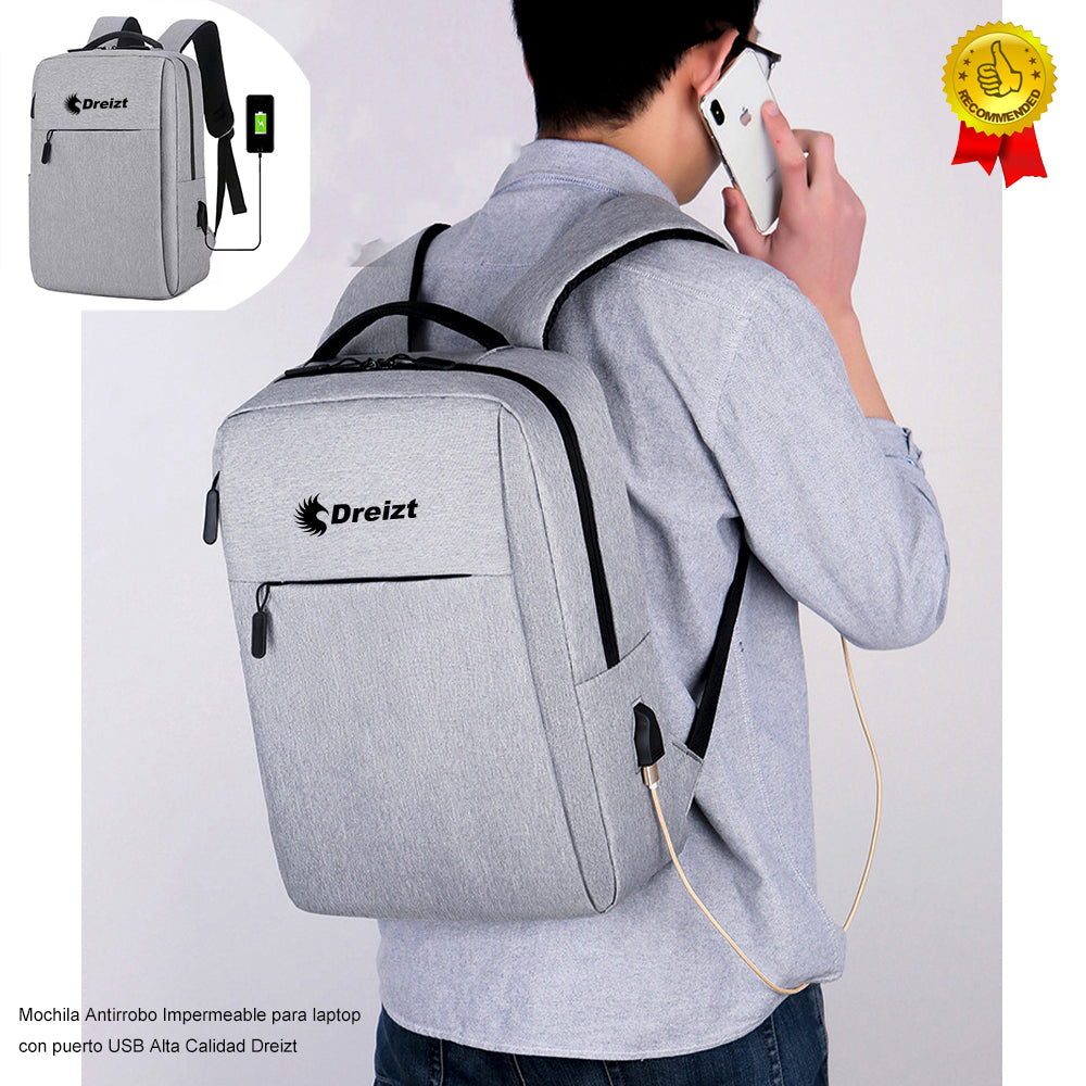 Mochila Antirrobo Impermeable para Laptop con Puerto USB Alta Calidad Dreizt MDA290010 Gris