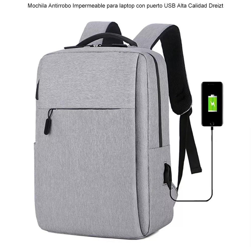 Mochila Antirrobo Impermeable para Laptop con Puerto USB Alta Calidad Dreizt MDA290010 Gris