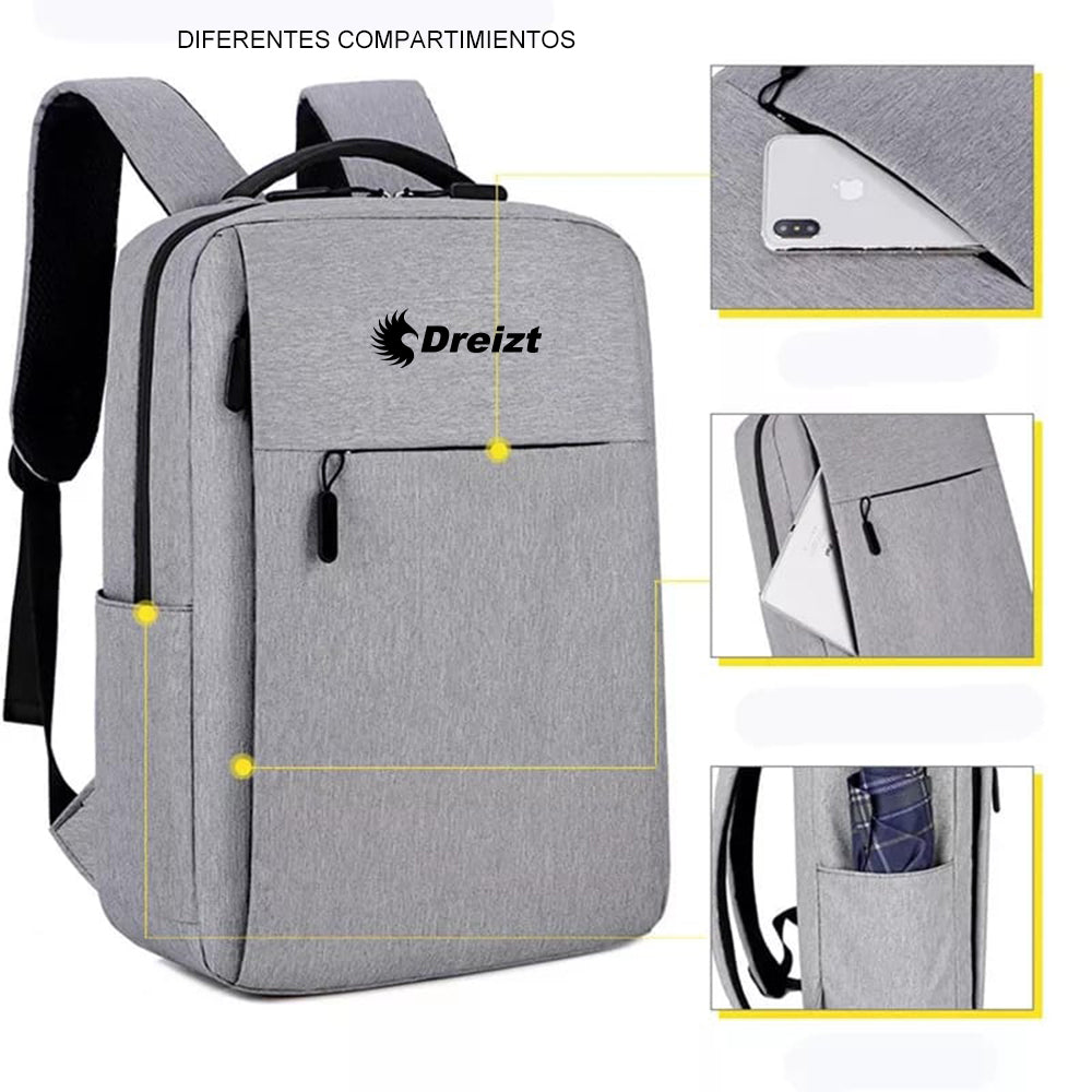 Mochila Antirrobo Impermeable para Laptop con Puerto USB Alta Calidad Dreizt MDA290010 Gris