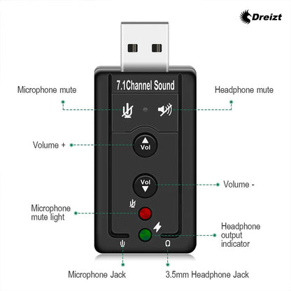 Tarjeta de Sonido Micrófono y Audífonos 7.1 USB Dreizt MIS300014